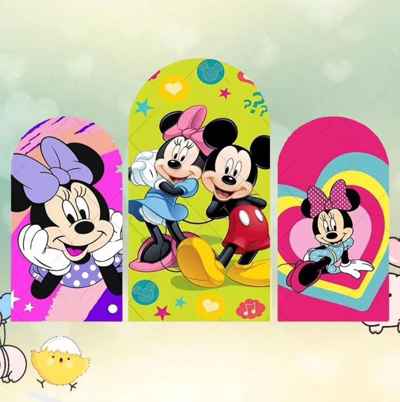 May include: Three colorful cartoon images of Mickey and Minnie Mouse. The first image features Minnie Mouse with a purple bow and polka dot dress. The second image shows Mickey and Minnie Mouse together. The third image shows Minnie Mouse with a pink bow and dress.
