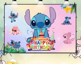 Lilo & Stitch Backdrop Boy Or Girl Happy Birthday Party Photography Background Kids Newborn Vinyl Printing Backdrop Disney Theme Banner
