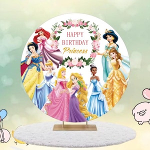 Fondo redondo de cuento de hadas de Disney, fondo de fiesta de cumpleaños de niña de dibujos animados de princesa, fondo elástico para baby shower, cubierta para niños, decoración de fotografía personalizada