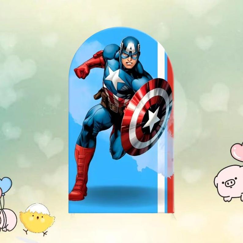 May include: A vibrant illustration of Captain America in a dynamic pose, holding his iconic shield. The character is clad in a blue and red suit with a white star, set against a blue backdrop. The shield features a red, white, and blue design.