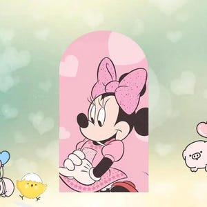 May include: A pink Minnie Mouse illustration with a large polka-dot bow, dress, and background. The cartoon character is smiling and holding something in her hands. The background is a light pink color with white hearts.