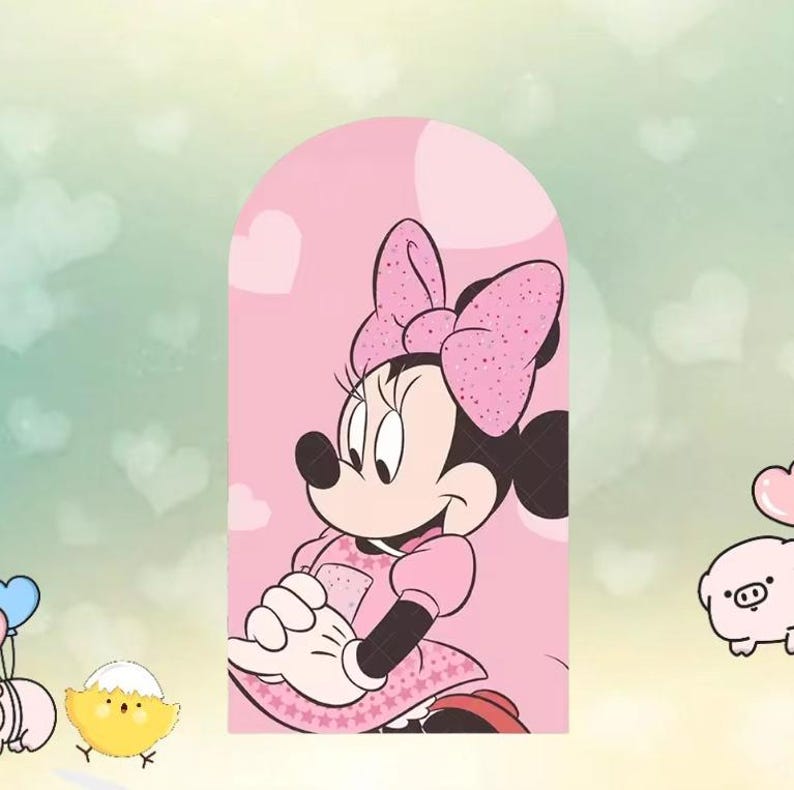 May include: A pink Minnie Mouse illustration with a large polka-dot bow, dress, and background. The cartoon character is smiling and holding something in her hands. The background is a light pink color with white hearts.