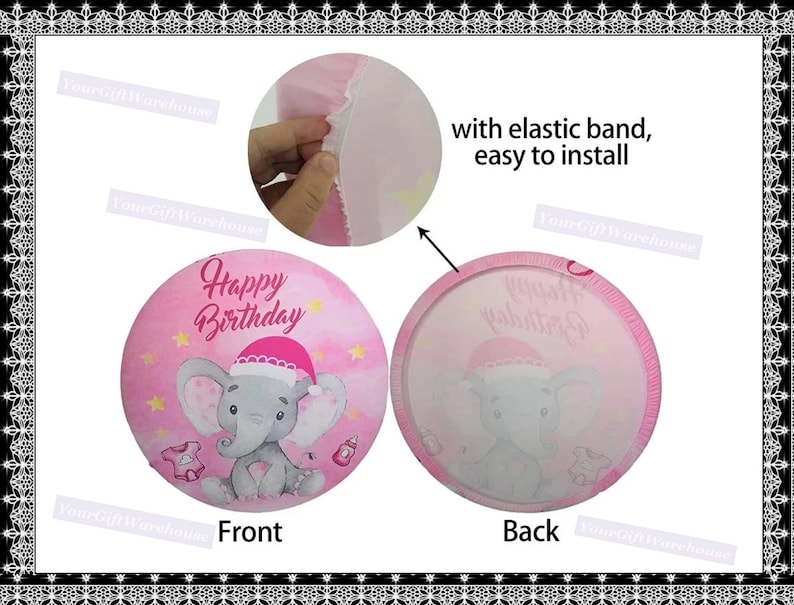 Puede incluir: Topper de pastel redondo de tela rosa y blanco con una ilustraci&oacute;n de elefante y el texto "Happy Birthday". El topper tiene una banda el&aacute;stica para una f&aacute;cil instalaci&oacute;n.