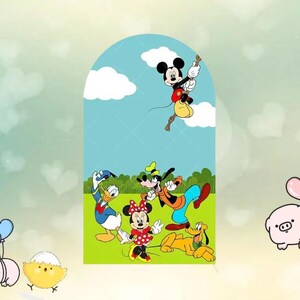 May include: A colorful illustration featuring Mickey Mouse, Minnie Mouse, Donald Duck, Goofy, and Pluto. Mickey Mouse is climbing a rope, while the others are on a green field. The background is a light blue sky with white clouds.