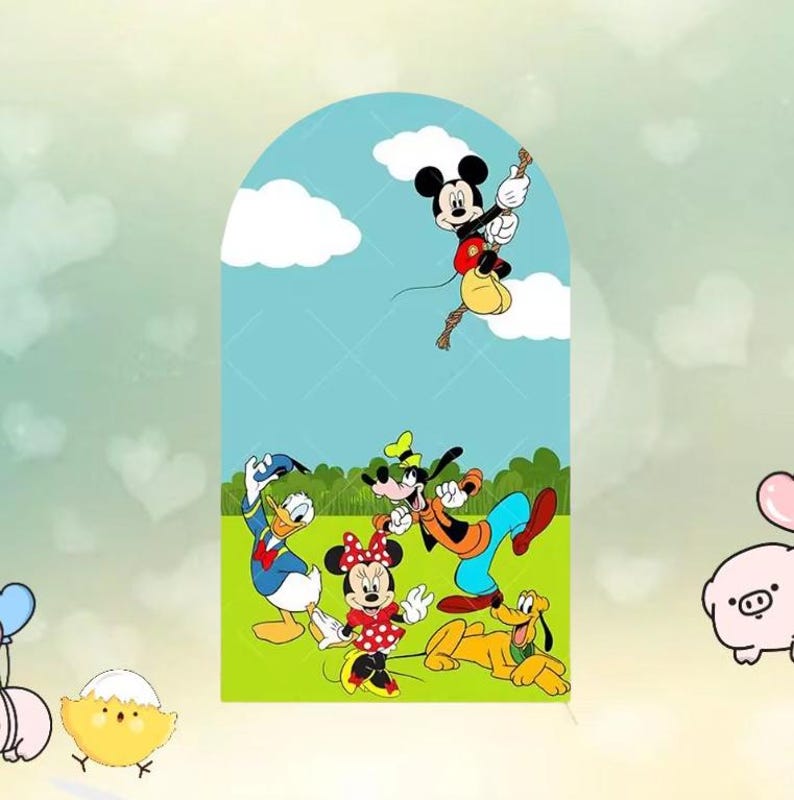 May include: A colorful illustration featuring Mickey Mouse, Minnie Mouse, Donald Duck, Goofy, and Pluto. Mickey Mouse is climbing a rope, while the others are on a green field. The background is a light blue sky with white clouds.