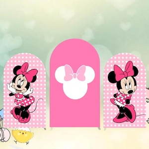 Fondo de arco con cubierta de doble cara de Minnie Mouse, fondo para baby shower de niña, cumpleaños de niña, decoración elástica personalizada para fiesta
