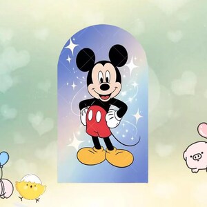 May include: A cartoon illustration of Mickey Mouse, a popular Disney character, is featured. Mickey is depicted in his classic attire: red shorts, yellow shoes, white gloves, and a black body. The background is a gradient of blue and purple with white star accents.