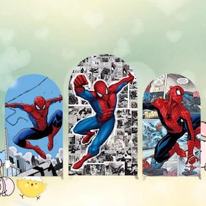 May include: Three arched cutouts featuring Spider-Man in action poses. The superhero is depicted in his classic red and blue suit. One cutout has a blue sky background, another has a comic book panel background, and the third has a comic book panel background.