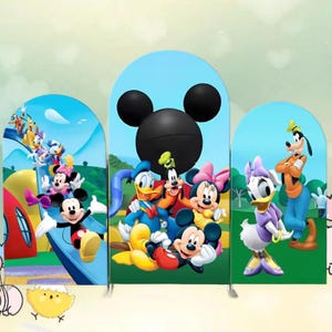 Mickey Mouse Clubhuis Boog Achtergrond Dubbelzijdige Cover Disney Cartoon Achtergrond Babyshower Meisje Verjaardag Aangepaste Elastische Party Decor: