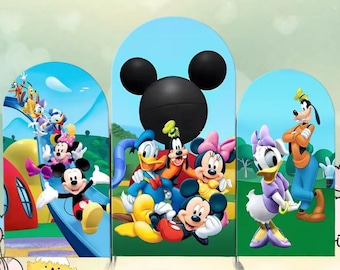 Mickey Mouse Clubhouse Arch Backdrop Double Side Cover Disney Cartoon Background Baby Shower Girl Birthday Customized Elastic Party Decor