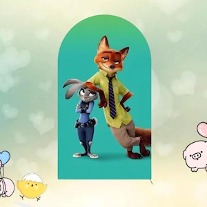 May include: A digital illustration featuring the characters Nick Wilde, a fox, and Judy Hopps, a rabbit, from the animated film Zootopia. Nick is wearing a yellow shirt, tie, and tan pants. Judy is in a police uniform. They are set against a teal backdrop.