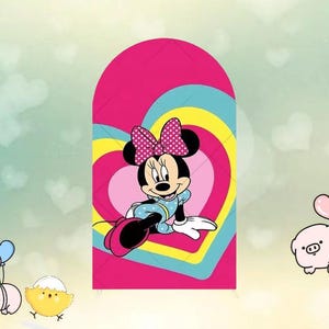 May include: A colorful illustration of Minnie Mouse, wearing a blue dress with white polka dots and a pink bow with white polka dots. She is set against a pink heart-shaped background with yellow and blue stripes.