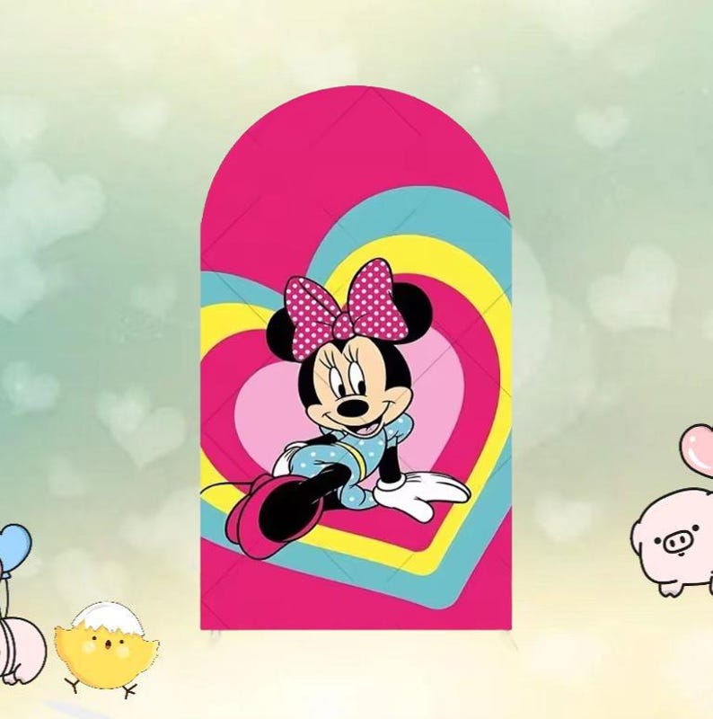 May include: A colorful illustration of Minnie Mouse, wearing a blue dress with white polka dots and a pink bow with white polka dots. She is set against a pink heart-shaped background with yellow and blue stripes.