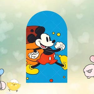 May include: A cartoon illustration of Mickey Mouse in a running pose, set against a blue backdrop with yellow circles. Mickey is wearing red shorts, yellow shoes, and white gloves. The background has a diamond pattern.