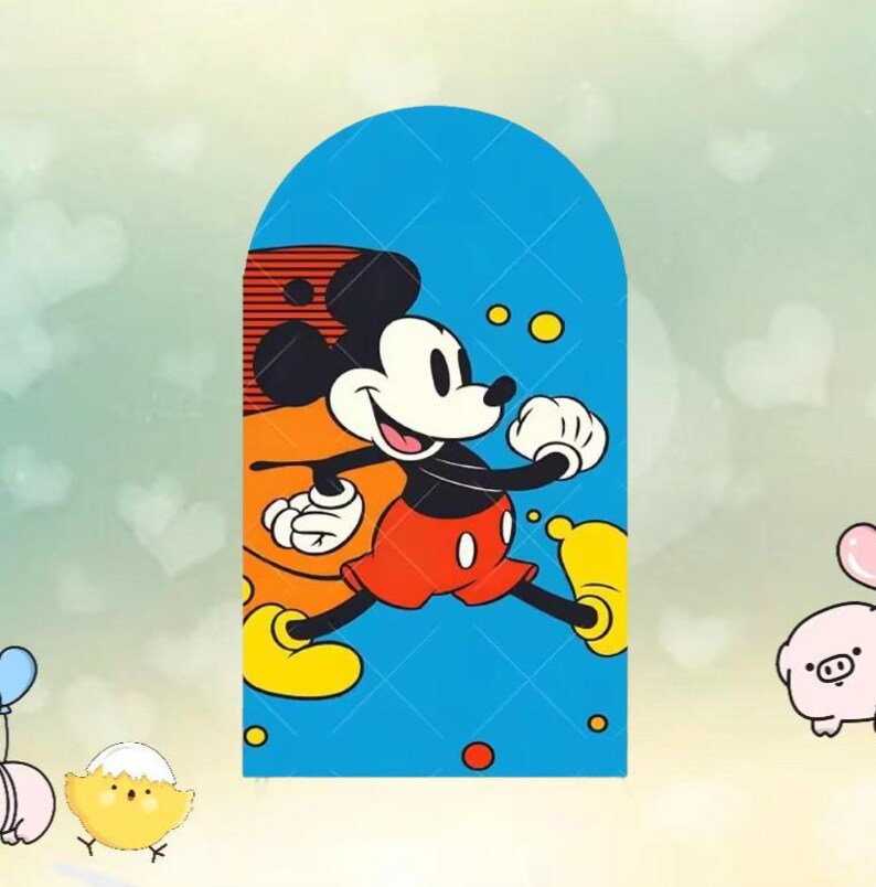 May include: A cartoon illustration of Mickey Mouse in a running pose, set against a blue backdrop with yellow circles. Mickey is wearing red shorts, yellow shoes, and white gloves. The background has a diamond pattern.