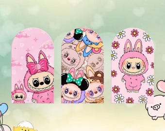 Labubu Monsters Arch Backdrop Double Side Cover Cartoon Customized Photography Background Baby Shower Kids Birthday Party Decor