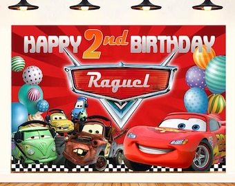 Fondo de cumpleaños con coches de dibujos animados, temática Disney, nombre personalizado