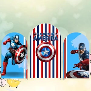 May include: Captain America-themed party decorations. The design features Captain America in action poses, along with his shield and the words "Captain America." The color scheme includes red, white, and blue.