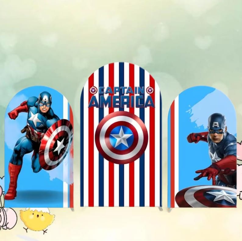 May include: Captain America-themed party decorations. The design features Captain America in action poses, along with his shield and the words "Captain America." The color scheme includes red, white, and blue.