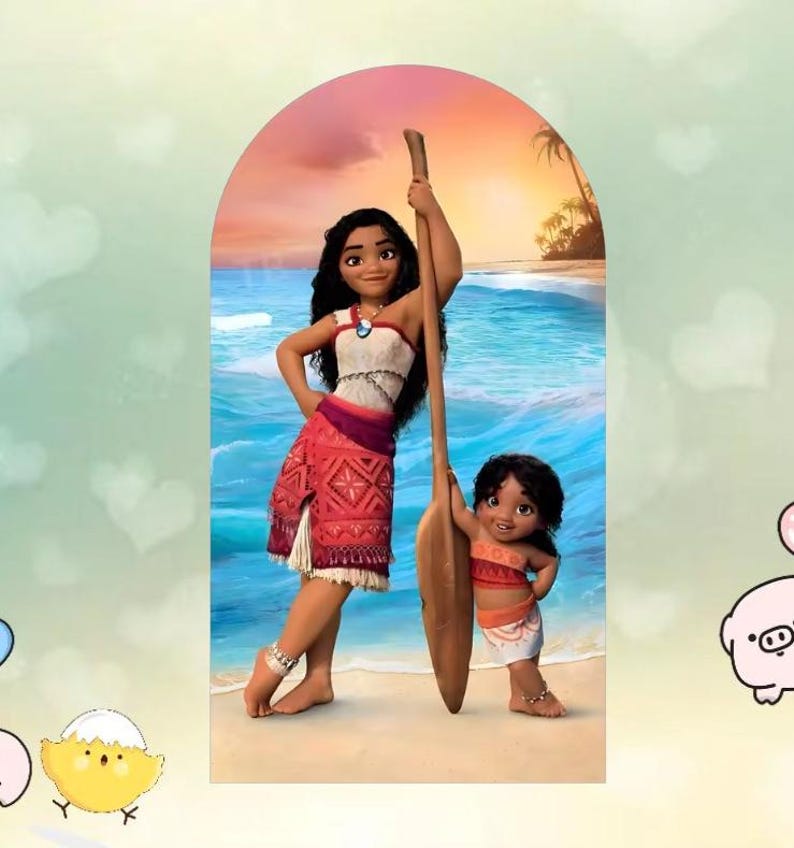 Pu&ograve; includere: Illustrazione di due personaggi del film d'animazione Moana. Il personaggio adulto indossa un top bianco, una gonna rossa e tiene in mano un remo di legno. Il personaggio bambino indossa un abito abbinato e tiene il remo. Lo sfondo mostra una scena di spiaggia.