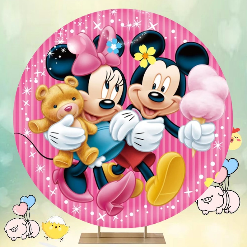 Toile de fond anniversaire Mickey Mouse, décoration de fête ronde en polyester Style A