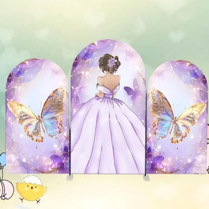 May include: A triptych illustration of a woman in a lavender gown, with butterflies and floral accents. The artwork has a dreamy, ethereal quality, with soft colours and a focus on detail. The butterflies have intricate wing patterns.