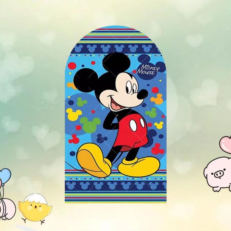 May include: A colorful Mickey Mouse graphic on a blue background. Mickey is wearing red shorts, yellow shoes, and black gloves. The background has Mickey Mouse icons and the text "Mickey Mouse".