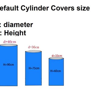 May include: Diagram showing three different sizes of blue cylinder covers with measurements in centimeters for diameter and height.  The text 'Default Cylinder Covers size' is at the top of the diagram.  The text 'd: diameter' and 'H: Height' are below the title.