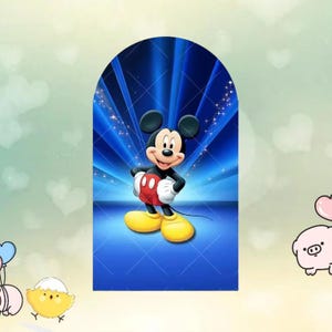 May include: A cartoon image of Mickey Mouse, a popular Disney character, standing in front of a blue background with radiating light beams. Mickey Mouse is wearing a red shirt, black shorts, yellow shoes, and white gloves. The background has a blue arch shape.