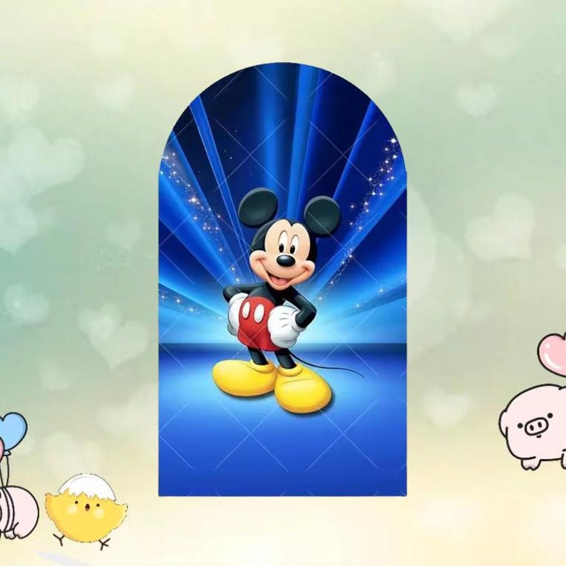 May include: A cartoon image of Mickey Mouse, a popular Disney character, standing in front of a blue background with radiating light beams. Mickey Mouse is wearing a red shirt, black shorts, yellow shoes, and white gloves. The background has a blue arch shape.