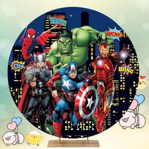 Superhero Avengers Theme Round Cover Boy Birthday Round Backdrop Spiderman Hulk Iron Man Captain America Circle Cylinder Cover Prop
