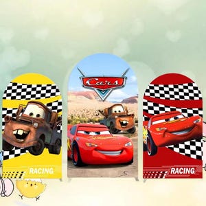 May include: Three arched panels featuring characters from the animated film "Cars." The panels are yellow, blue, and red, with images of Mater, Lightning McQueen, and the "Cars" logo. Each panel has a checkered flag design and the word "RACING."