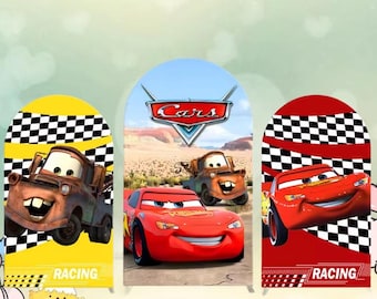 Cartoon Cars Arch Backdrop, Double Sided Birthday Party Cover