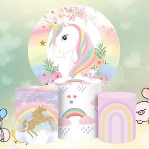 Cartoon Unicorn Round Backdrop Rainbow Girl Birthday Party Background Baby Shower Elastic Kids Cylinder Cover Photography Decor Customized
