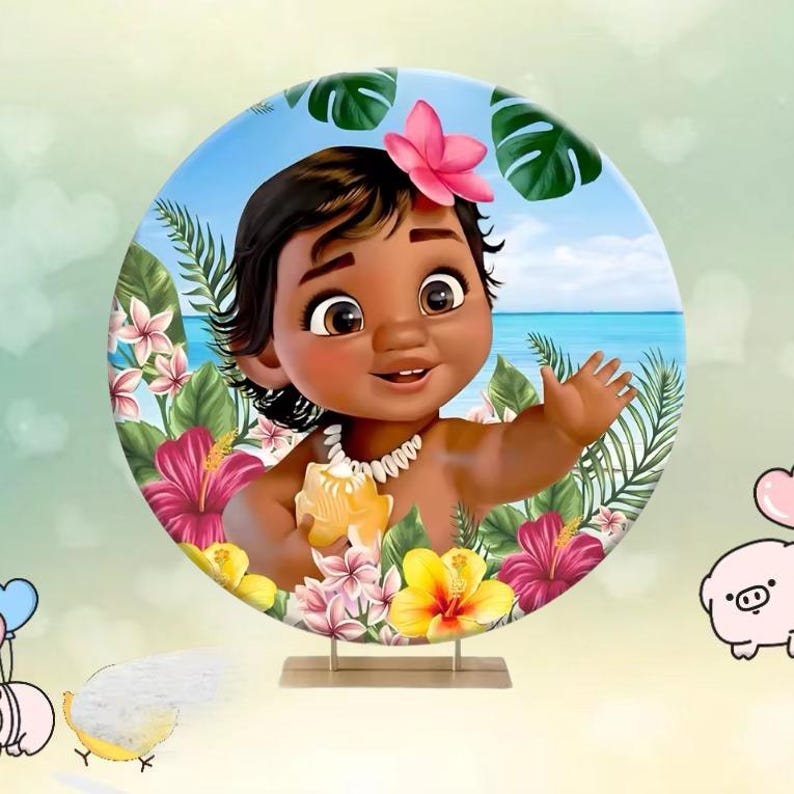 May include: A round backdrop featuring a cartoon illustration of a smiling baby girl with dark skin, wearing a flower in her hair and a shell necklace. The backdrop includes tropical flowers, green leaves, and a blue ocean scene.