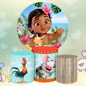 May include: A colorful party decoration set featuring a cartoon character with a flower in her hair, surrounded by tropical flowers and a beach scene. The set includes three cylindrical stands with cartoon characters and wood grain.