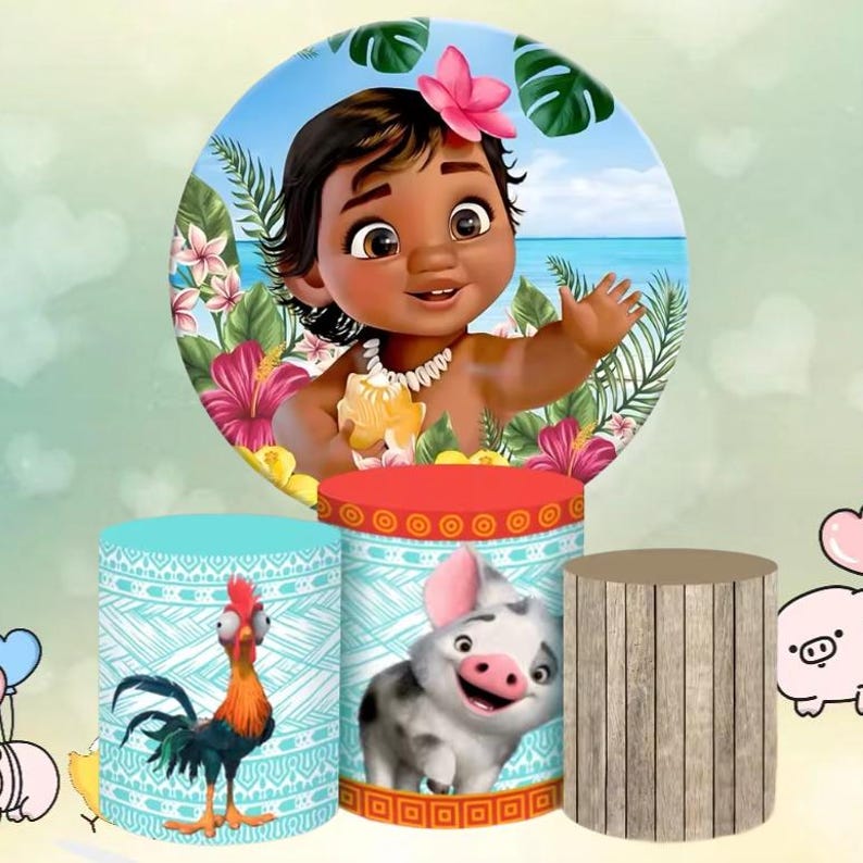 May include: A colorful party decoration set featuring a cartoon character with a flower in her hair, surrounded by tropical flowers and a beach scene. The set includes three cylindrical stands with cartoon characters and wood grain.