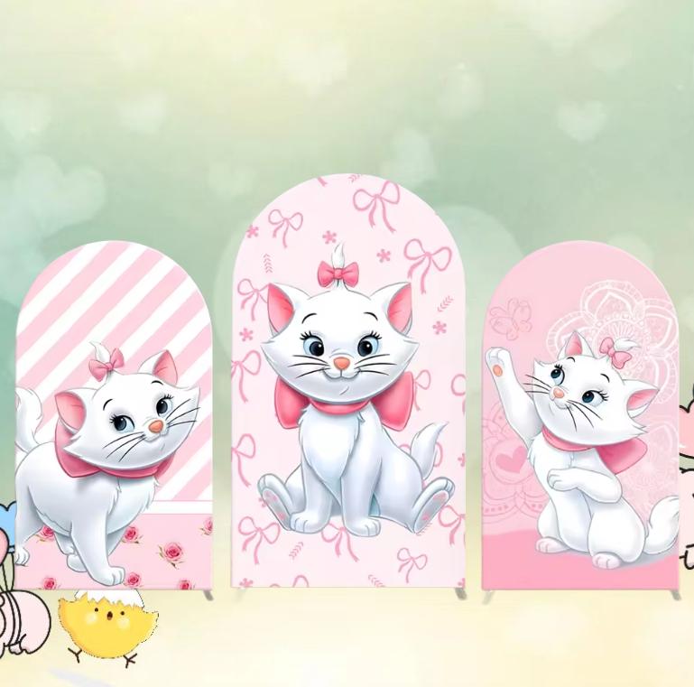 Marie Cat Arch Backdrop Double Side Cover Cute Cartoon Baby Shower Kids Birthday Pink Photography Background Party Decor Customized