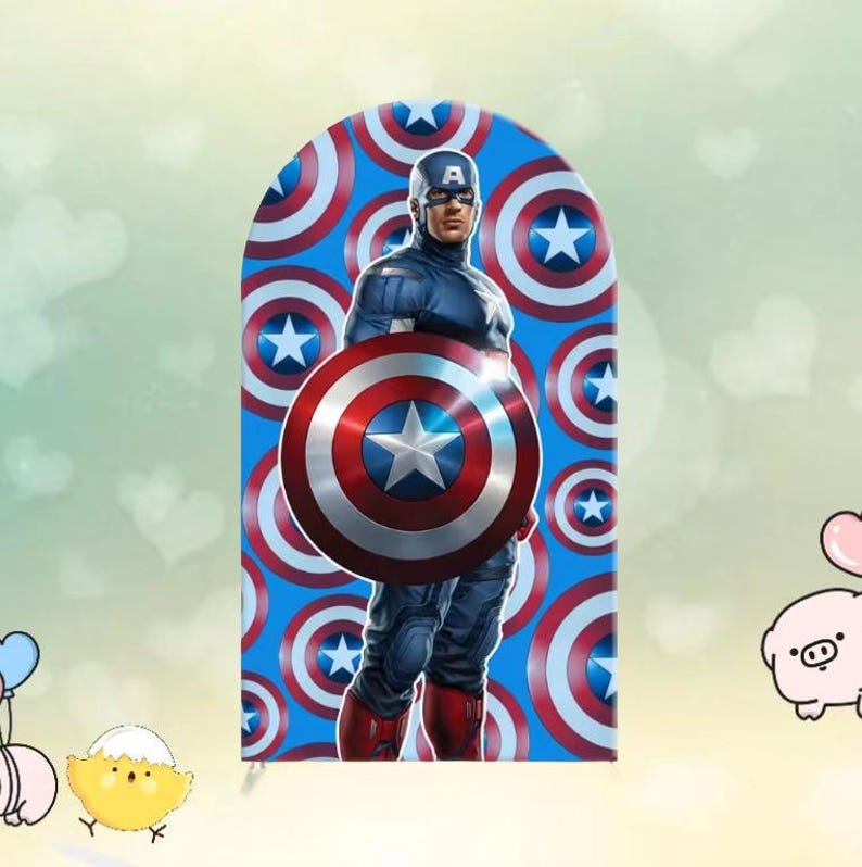 May include: A Captain America-themed decorative item featuring the superhero holding his iconic shield. The background showcases a pattern of Captain America's shield on a blue backdrop. The item is a vibrant display of the character's colors.