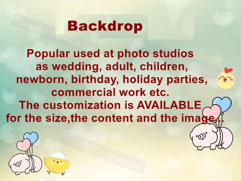 K&ouml;nnte beinhalten: Ein Hintergrund mit dem Wort "Backdrop" in Rot. Darunter steht, dass es beliebt f&uuml;r Fotostudios f&uuml;r Hochzeiten, Geburtstage und mehr ist. Cartoon-Schweine und ein K&uuml;ken mit Luftballons schm&uuml;cken das Bild.