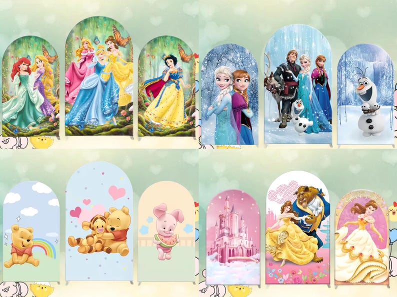 Może przedstawiać: Zestaw 10 łukowych teł z r&oacute;żnymi postaciami Disneya, w tym księżniczkami, postaciami z Krainy Lodu, Kubusiem Puchatkiem i Piękną i Bestią. Tła są wydrukowane na białym tle z kolorowymi ilustracjami.