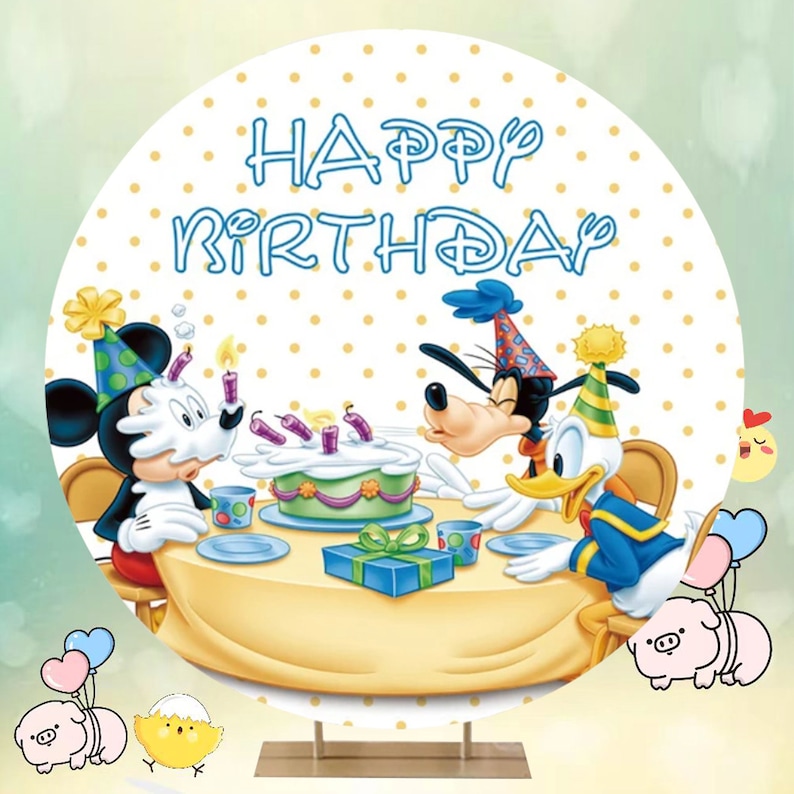 May include: A white and yellow polka dot backdrop with the words "Happy Birthday" in blue. Mickey Mouse, Donald Duck, and Goofy are celebrating with a cake and a gift.