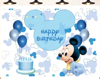 Mickey Mouse First Birthday Backdrop, Blue Disney Theme