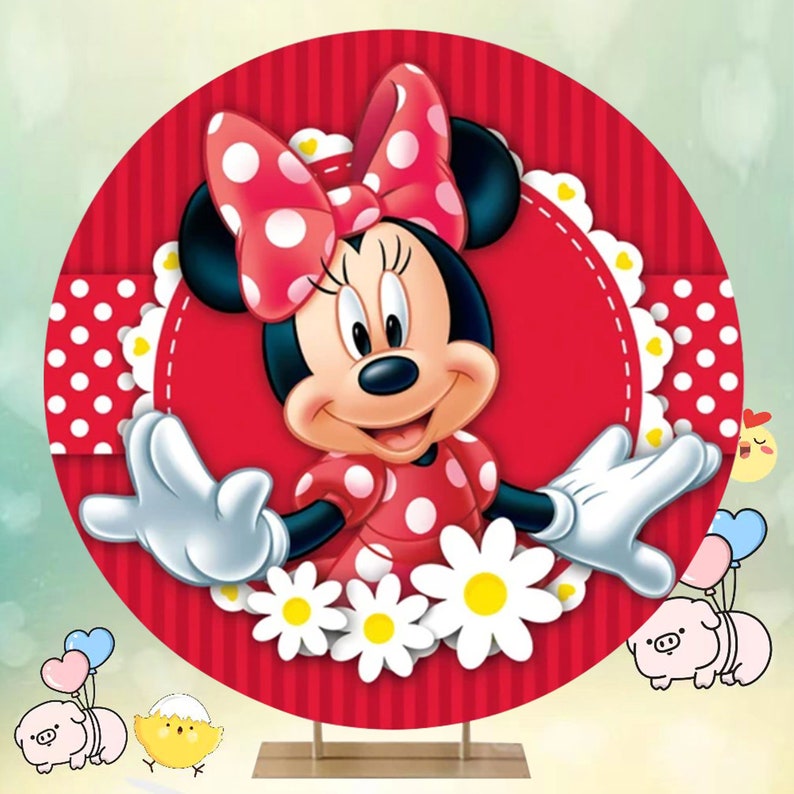 Toile de fond anniversaire Mickey Mouse, décoration de fête ronde en polyester Style B