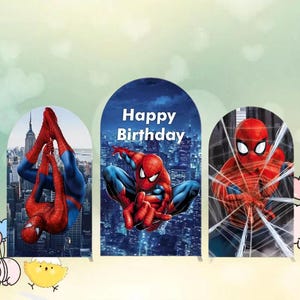 May include: Three Spiderman-themed birthday decorations. The center decoration has the words "Happy Birthday" in white text. The other two decorations feature Spiderman in action poses against a cityscape background. The decorations are in a curved arch shape.