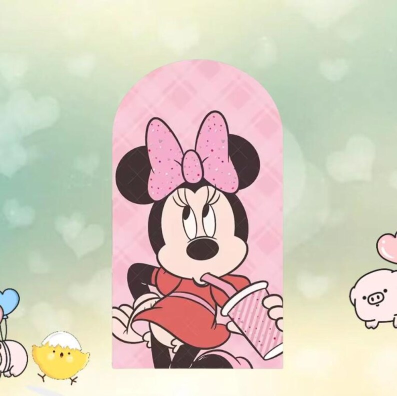 May include: A cartoon illustration of Minnie Mouse in a red dress and a pink bow, drinking from a pink striped cup. The background is a light pink arch with a plaid pattern, and a light green background with heart shapes.