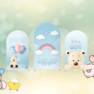 Aangepaste Blue & Bear Boog Achtergrond Double Side Cover Kids Verjaardag Baby Boy Shower Geslacht Onthullen Party Fotografie Achtergrond Party Decor