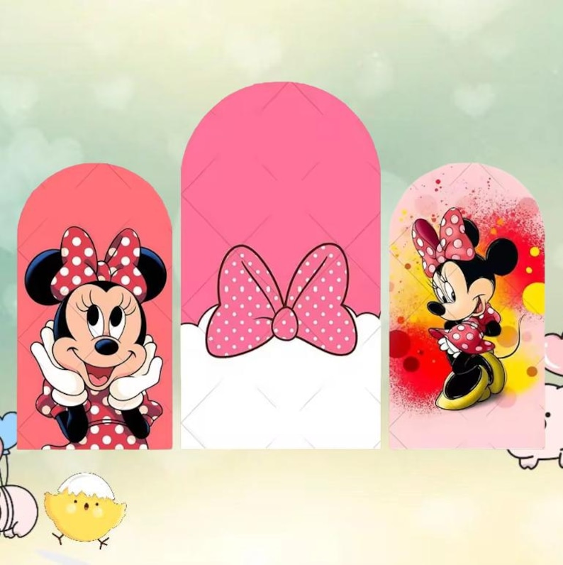 May include: Three decorative panels featuring Minnie Mouse. The panels showcase Minnie in various poses, wearing her signature red and white polka dot bow and dress. The backgrounds are pink and white, with a cartoonish style.
