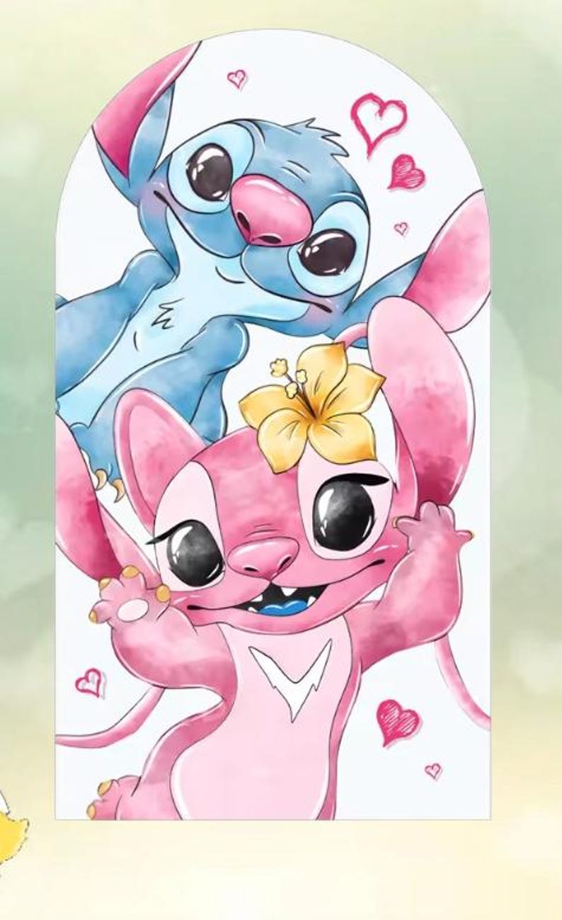 Puede incluir: Ilustraci&oacute;n en acuarela de dos personajes de dibujos animados, uno azul y otro rosa, con ojos grandes y detalles de corazones. El personaje rosa lleva una flor amarilla. La imagen tiene un ambiente suave y caprichoso, ideal para decoraci&oacute;n infantil.