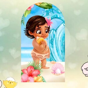 May include: Illustration of a cartoon baby girl with brown hair, wearing a flower and holding a seashell. The image has a tropical theme, with a pink flower, a seashell with a pearl, and a blue wave in the background.